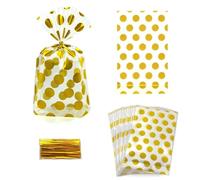 SaktopDeco 100 bolsas de celofán transparentes de lunares dorados - 5 x 8 bolsas de celofán transparente con lazos dorados