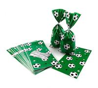 SaktopDeco 100 bolsas de regalo de fútbol, bolsas de regalo de fútbol, bolsas de regalo para fiestas de fútbol, bolsas de celofán verde, bolsas de celofán con lazos plateados
