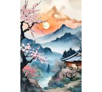 SAKURA CHERRY BLOSSOMS SPRING-Vintage Japanese Village-Journal Notebook Diary Sketch Asian Art Men/Women/Teen GIFT: ֍OFFICE/SCHOOL SUPPLIES֎ Engineer ... - 4 Seasons in Sumi E Watercolor Style)
