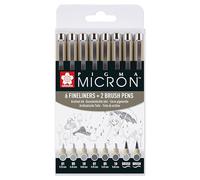 SAKURA Estuche de 8 bolígrafos Pigma Micron Fineliner - Gris claro y gris frío - Incluye pincel 01 05 10 - Tinta pigmentada de calidad profesional - Resistente al agua y a prueba de sangrado