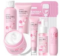 Sakura Juego de cuidado facial, 11 piezas de alta hidratación Sakura Skincare Set de limpieza facial, suero, crema hidratante, bálsamo labial y máscaras de barro, juego completo de rutina de belleza