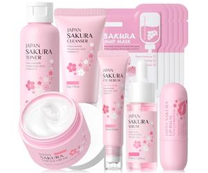 Sakura Juego de cuidado facial, 11 piezas de alta hidratación Sakura Skincare Set de limpieza facial, suero, crema hidratante, bálsamo labial y máscaras de barro, juego completo de rutina de belleza