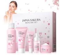 Sakura Juego de cuidado facial para niñas y mujeres, 5 piezas Sakura cuidado de la piel, set de limpieza e hidratación para el rostro, cuidado diario y cuidado nocturno, juego de cuidado de la piel