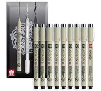 SAKURA Pigma Micron Fineliner - Bolígrafo de pigmento fino a ancho + pincel, impermeable, resistente a la decoloración y tinta negra permanente, embalaje de regalo de sobre, juego de 9 grados