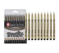 SAKURA Pigma Micron Puntos Calibrados Set de 10 | Tinta negra permanente y resistente al agua, tamaños surtidos | Bolígrafos para escribir, dibujar y escribir diarios