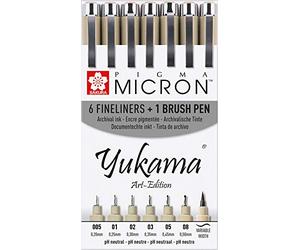SAKURA PIGMA YUKAMA ® Art-Edition, 6 rotuladores de punta fina Pigma Micron y un rotulador de punta de pincel negros