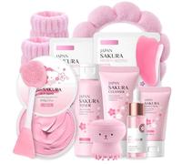 Sakura Sakura Juego de cuidado facial de 11 piezas de suero hidratante para el cuidado de la piel, crema facial, limpiador, set de regalo para limpieza y cuidado de la cara (rosa)