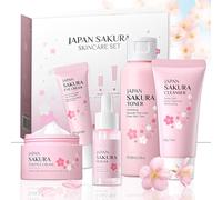 Sakura Set de Cuidado de la Piel 5 Piezas conTónico,Limpiador,Suero,Crema para Ojos,Crema Facial,Kit Sakura Cuidado de la Piel,Set De Cuidado De La Piel Sakura Mujer para Adolescentes y Mujeres