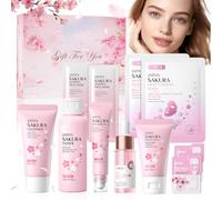 Sakura Skincare Set, Sakura - Juego de 11 piezas para el cuidado facial antiedad con crema facial, limpiador, tónico, suero, sérum, máscara hidratante, juego de cuidado facial para mujer