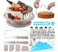 SAKUUMI Kit de 54 herramientas para decoración de pasteles con tocadiscos para tartas, nivelador de pasteles, 27 boquillas de tubería, 2 bolsas de pastelería, 2 acopladores, 2 espátulas, 4 raspadores,