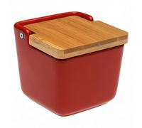 Sal de cerámica con tapa de bambú - Tarro cuadrado 8,8 x 8,8 x 8,8 cm - Salero, especias o azúcar - Diseño moderno para cocina - Disponible en negro, blanco y rojo (rojo)