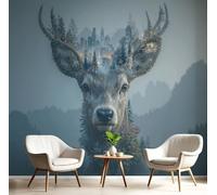 Sala De Estar Mural 200x140cm Al estilo de Animal City Ciudad Forestal de Deer Head Papel Tapiz Grande Fotomurales Azul grisáceo Mural Se Aplica Pared Panorámico Para Dormitorio Tv