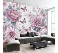 Sala De Estar Mural 200x140cm Ilustraciones florales Flores y hojas de mariposa Papel Tapiz Grande Fotomurales Morado claro Mural Se Aplica Pared Panorámico Para Dormitorio Tv Pared Murales Póster