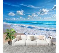 Sala de Estar Mural 250x175cm Costa Playa Paisaje Tejido No Tejido Fotomurales Azul Mural Se aplica a Pared Panorámico Para Dormitorio TV Pared Murales Póster