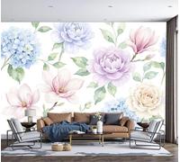 Sala De Estar Mural 300X210Cm Acuarela Hortensia Magnolia Botánico Papel Tapiz Grande Fotomurales Beige Morado Mural Se Aplica Pared Panorámico Para Dormitorio Tv Pared Murales Póster