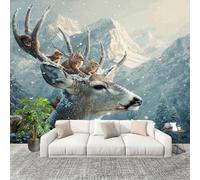 Sala de Estar Mural 300x210cm FantasíA MontañAs Animales Ciervos Ardillas Tejido No Tejido Fotomurales Blanco Mural Se aplica a Pared Panorámico Para Dormitorio TV Pared Murales Póster
