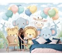 Sala De Estar Mural 350x256cm Animales de dibujos animados León, elefante, jirafa Papel Tapiz Grande Fotomurales Azul claro Mural Se Aplica Pared Panorámico Para Dormitorio Tv Pared Murales Póster