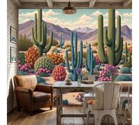 Sala De Estar Mural 350X256Cm Paisaje Retro De Cactus Montañas Desérticas Papel Tapiz Grande Fotomurales Beige Verde Mural Se Aplica Pared Panorámico Para Dormitorio Tv Pared Murales Póster