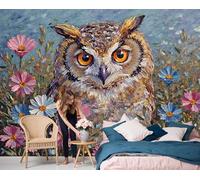 Sala De Estar Mural 350X256Cm Pintura Al Óleo De Búho Natural Hierba Animal Papel Tapiz Grande Fotomurales Azul-Marrón Mural Se Aplica Pared Panorámico Para Dormitorio Tv Pared Murales Póster
