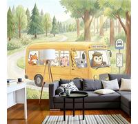 Sala De Estar Mural 400X280Cm Autobús Animales Dibujos Animados Bosque Dibujado Papel Tapiz Grande Fotomurales Verde Salvia Mural Se Aplica Pared Panorámico Para Dormitorio Tv Pared Murales Póster