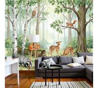 Sala De Estar Mural 400X280Cm Lindos Animales Del Bosque Acuarela Ciervo Zorro Papel Tapiz Grande Fotomurales Verde Salvia Mural Se Aplica Pared Panorámico Para Dormitorio Tv Pared Murales Póster