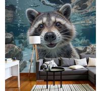 Sala De Estar Mural 400X280Cm Mapache Natural Lago Fotografía Realista De Animales Papel Tapiz Grande Fotomurales Azul Oscuro Mural Se Aplica Pared Panorámico Para Dormitorio Tv Pared Murales Póster
