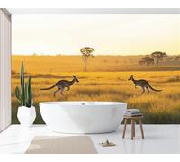 Sala de Estar Mural 450x315cm Animales salvajes Árboles de pastizales de canguro Seda Fotomurales Marrón amarillento Mural Se aplica a Pared Panorámico Para Dormitorio TV Pared Murales Póster