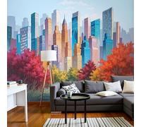 Sala De Estar Mural 450X315Cm Arquitectura De La Ciudad De Nueva York Bosque Natural Papel Tapiz Grande Fotomurales Azul Rojo Mural Se Aplica Pared Panorámico Para Dormitorio Tv Pared Murales Póster