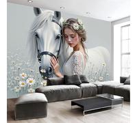 Sala De Estar Mural 450x315cm Estilo cuento hadas ensueño Daisy, la chical caballo blanco Papel Tapiz Grande Fotomurales Blanco Mural Se Aplica Pared Panorámico Para Dormitorio Tv Pared Murales Póster