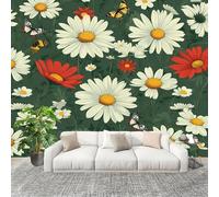 Sala Papel Pintado Fotomurales 200x140 cm Flores Margaritas Mariposas Mural de Pared Moderno Verde Papel Pintado Tejido no Tejido Dormitorio Estudio Decoración Fotomurales
