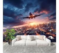 Sala Papel Pintado Fotomurales 250x175 cm Vista Nocturna Del AvióN Y La Ciudad Mural de Pared Moderno Azul Papel Pintado Tejido no Tejido Dormitorio Estudio Decoración Fotomurales