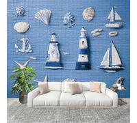 Sala Papel Pintado Fotomurales 350x256 cm Faro Conchas Estrellas de Mar Rompecabezas Mural de Pared Moderno Azul Papel Pintado Tejido no Tejido Dormitorio Estudio Decoración Fotomurales