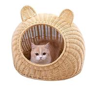 SALALIS Cama para Gatos, Oreja de Ratán Imitada, Tejida a Mano, Transpirable, Casa Semicerrada para Interiores (Beige)