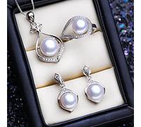 SALAN Collar con Colgante De Plata De Ley 925, Conjuntos De Joyas De Perlas Naturales para Mujer, Pendientes Clásicos, Anillos De Fiesta De Moda