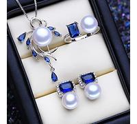 SALAN Collar De Plata De Ley 925, Conjuntos De Joyas De Perlas Naturales para Mujer, Pendientes Bohemios, Colgante De Zafiro, Anillos De Fiesta
