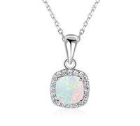 SALAN Collares con Colgante De Ópalo De Fuego De Plata De Ley 925, Collar De Piedra De Ópalo Blanco Cuadrado De Circonita Cúbica, Regalo para Mujer