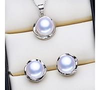 SALAN Conjuntos De Joyas De Perlas Collares De Perlas De Agua Dulce Naturales para Mujeres Pendientes De Botón De Plata De Ley 925 Colgante Redondo Clásico