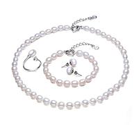 SALAN Joyería De Plata De Ley 925 para Mujer, Conjunto De Joyas De Perlas De Agua Dulce, Collar/Pulsera/Anillo/Aretes