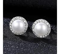 SALAN Pendientes Clásicos Redondos para Mujer, Perlas Naturales y Circonita Pequeña, Pendientes Delicados de Plata 925, Joyería Fina