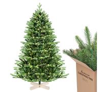SALCAR Árbol de Navidad artificial de 180 cm con iluminación LED cálida y soporte de madera, moldeado por inyección de polietileno y abeto de PVC (diámetro aprox. 120 cm) con sistema de plegado rápido