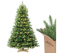 SALCAR Árbol de Navidad Artificial de 210 cm con iluminación LED cálida y Soporte de Madera, Moldeado por inyección de Polietileno y PVC Invisible (diámetro Aprox. 140 cm) con Sistema de Plegado