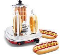 Salco Hot Dog Maker en estilo retro - 450 W, vaporizador con control térmico, pinchos de calor para 2 panecillos, capacidad cilíndrica para 8 salchichas, carcasa de metal, cilindro de cristal y cesta