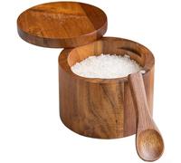 Salero con tapa giratoria, tarro de condimentos de madera de acacia con cuchara integrada, organizador de especias con múltiples compartimentos para cocina, marrón, 10,5 x 9 cm (marrón2)