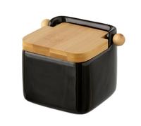Home Line Salero Cuadrado de cerámica con Tapa de Madera (12x12x11 cm). Color Negro
