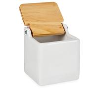 Salero de Cocina de Cerámica Cuadrado con Tapa Abatible de Madera, Tarro Multiusos para Sal, Azúcar y Especias, Diseño Elegante y Resistente, Ideal para el Hogar y Restaurante, Blanco