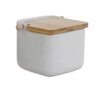 Salero de cocina moderno blanco de dolomite con tapa de madera bambu (Blanco)