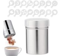 Salero de harina y azúcar, coctelera de chocolate de acero inoxidable de 7 onzas, 16 plantillas de barista, glaseado, azúcar, sal, cacao, harina, café, tamiz para manualidades de cocina