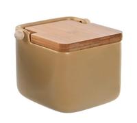 Salero gres color beige pastal con tapa de madera bambu para cocina (Beige)