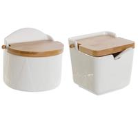 Salero y Azucarero de porcelana blanco con tapa de bambu estilo nordico (Pack)