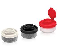 Salero y pimentero a prueba de humedad, mini salero para acampar, pícnic, al aire libre, cocina, loncheras de viaje, juego de especias transparente con tapas de colores (pequeño, paquete de 3)